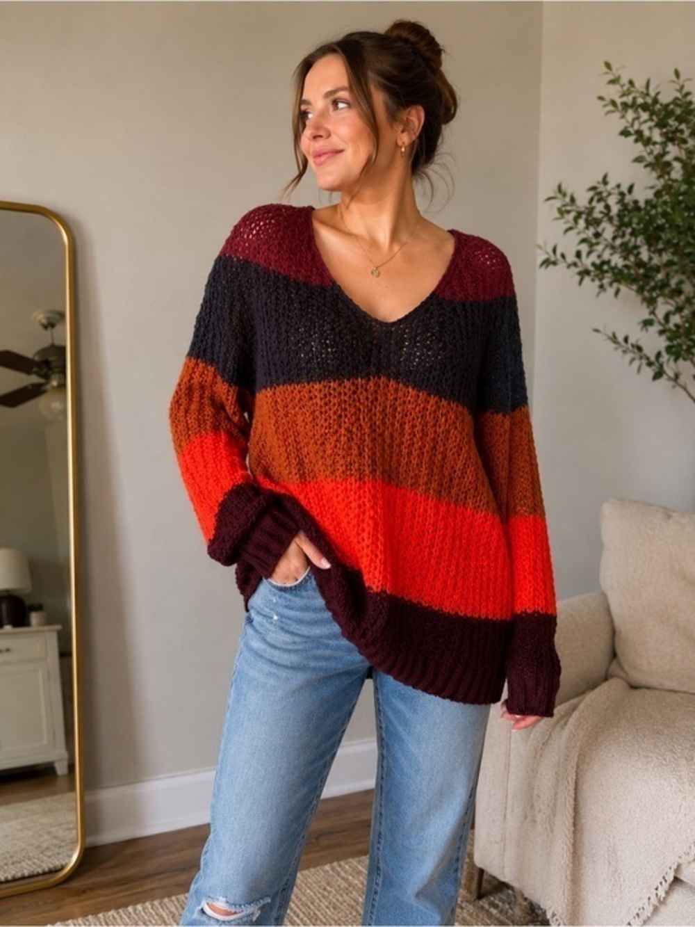 American Eagle Colorblock Sweater Small Chunky Knit Boho Fall Winter Layering